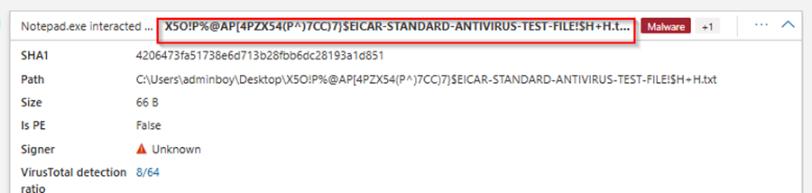 Screenshot showing malware detection details for a file named 'X5O!...EICAR...'